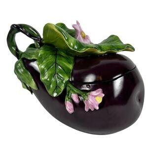 Fitz and Floyd Classics Eggplant Candy Dish/Trinket Dish Pink Flowers